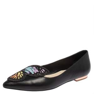 Sophia Webster Black Leather Bibi Butterfly Ballet Flats Size 37