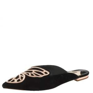Sophia Webster Black Suede Bibi Butterfly Embroidered Flat Mules Size 38.5