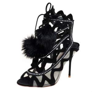 Sophia Webster Black Suede And Mesh Crystal Embellished Mila Sandals Size 38.5