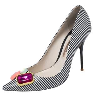 Sophia Webster Black/White Stripe Leather Lola Gem Pointed Toe Pumps Size 40