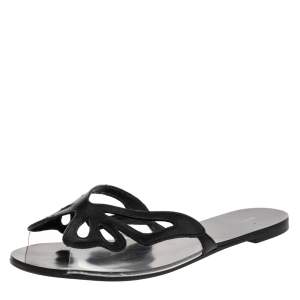 Sophia Webster Black Leather And PVC Madame Butterfly Flat Slides Size 38