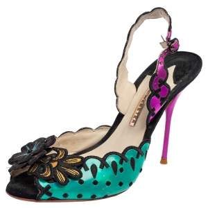 Sophia Webster Multicolor Suede and Coated Fabric Floral Applique Slingback Sandals Size 39
