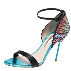 Sophia Webster Black Patent Leather And Peacock Print Fabric Flutura Ankle Strap Sandals Size 41
