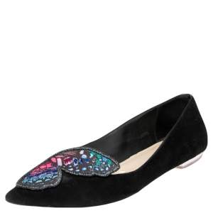 Sophia Webster Black Suede Bibi Butterfly Pointed Toe Ballet Flats Size 38.5