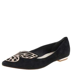 Sophia Webster Black Embroidered Suede Bibi Butterfly Pointed Toe Ballet Flats Size 38