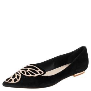 Sophia Webster Black Embroidered Suede Bibi Butterfly Pointed Toe Ballet Flats Size 39.5