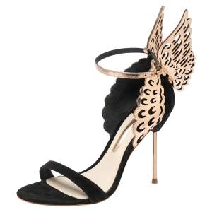 Sophia Webster Black Suede and Laser Cut Rose Gold Leather Evangeline Sandals Size 39