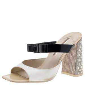 Sophia Webster White/Black Patent Leather Crystal Block Heel Sandals Size 39