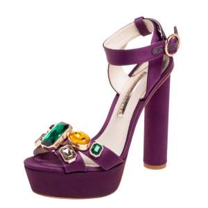 Sophia Webster Purple Satin Crystal Embellished Ankle Sandals Size 38.5