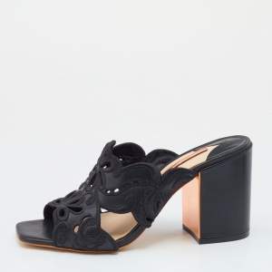 Sophia Webster Black Leather And Lace Embroidery Laser Cut Block Heel Sandals Size 39