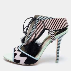 Sophia Webster Multicolor Patent Leather And Rabbit Fur Pom Pom Ankle Tie Up Sandals Size 39