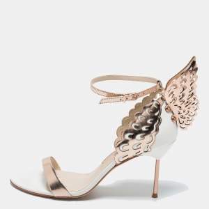Sophia Webster Rose Gold/White Leather Evangeline Laser Cut Angel Wing Ankle Strap Sandals Size 40