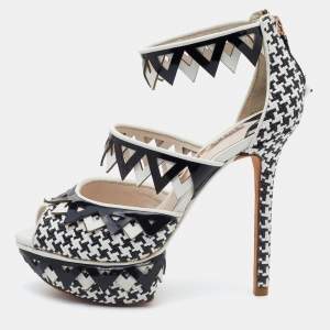 Sophia Webster Black/White Woven Raffia and Leather Platform Ankle Strap Sandals Size 36