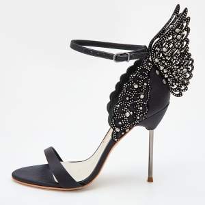Sophia Webster Black Satin Crystal Embellished Evangeline Ankle Strap Sandals Size 39.5