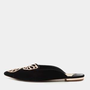 Sophia Webster Black Suede Bibi Butterfly Flat Mules Size 39.5
