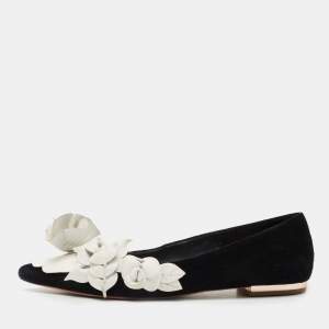 Sophia Webster Black/White Suede and Leather Floral Applique Ballet Flats Size 37