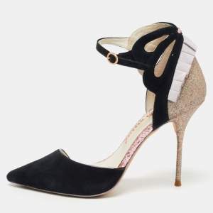 Sophia Webster Black/Metallic Suede and Glitter D'orsay Ankle Strap Pumps Size 37