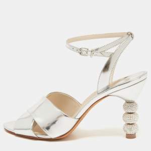 Sophia Webster Silver Leather Crystal Embellished Heel Ankle Strap Sandals Size 39
