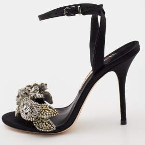 Sophia Webster Black Satin Lilico Floral Embellished Ankle Wrap Sandals Size 38