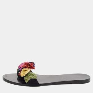 Sophia Webster Black Suede Glitter And Crystal Floral Embellished Lilico Flat Slides Size 38.5