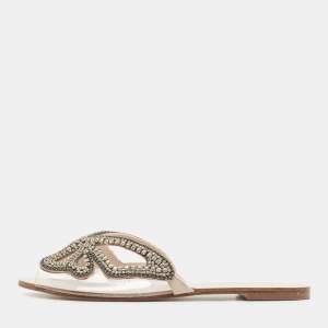 Sophia Webster Cream PVC  Butterfly Crystal Embellished Madame Flat Slides Size 39