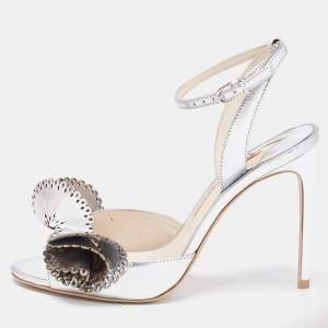 Sophia Webster Silver Foil Leather Lilico Floral Ankle Wrap Sandals Size 38.5