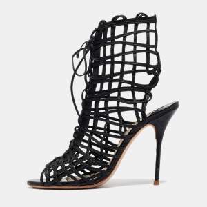 Sophia Webster Black Leather Delphine Peep Toe Cage Sandals Size 38