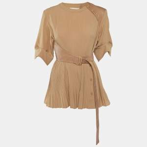 Sportmax Beige Faux Leather and Chiffon Plisse Top M