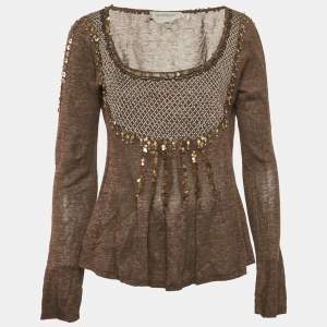 Sportmax Brown Embellished Lurex Knit Long Sleeve Top L 