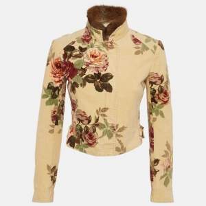 Pre Owned Sportmax Cream Floral Print Velvet Fur Trim Jacket S