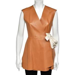 Sportmax Brown Leather Belted Wrap Sleeveless Jacket M