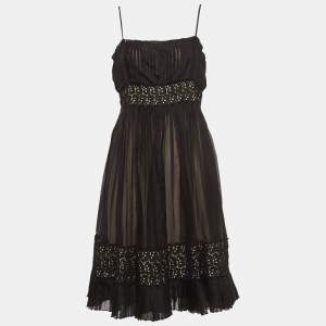 Sportmax Black Lace Trim Silk Pleated Midi Empire Dress L