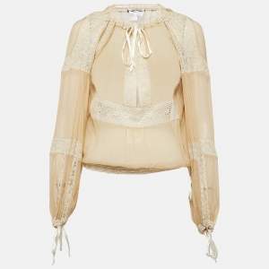 Sportmax Beige Lace and Silk Tie-Up Detail Blouse S