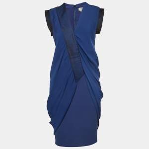 Sportmax Blue Gabardine and Satin Draped Style Sheath Dress S