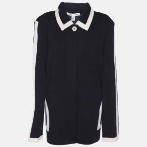 Pre Owned St. John Navy Blue/Cream Wool Rib Knit Sweater XL