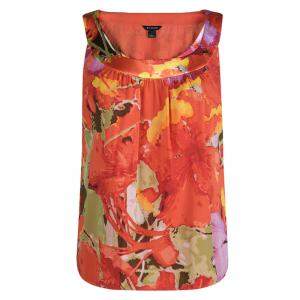 St. John Orange Floral Printed Silk Sleeveless Top M