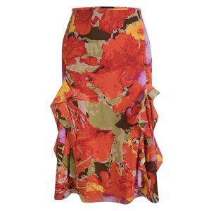 St. John Orange Floral Printed Silk Ruffle Detail Skirt XL