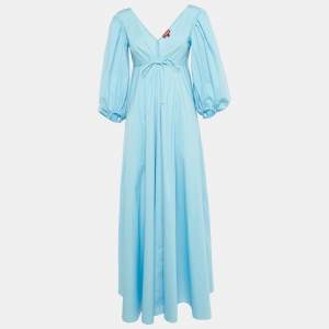 Pre Owned Staud Blue Cotton Tie -Up Detail Dew Amaretti Maxi Dress XS