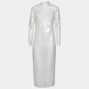 Staud White Sequin Embellished Long Sleeve Midi Dress M