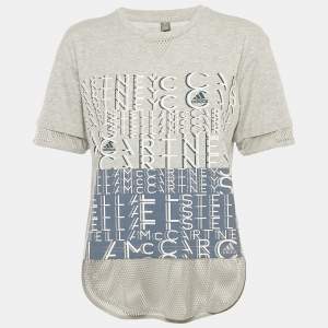 Pre Owned Stella McCartney X Adidas Grey Printed Cotton & Mesh Detail T-Shirt XS 