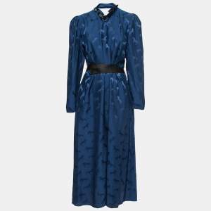 Pre Owned Stella McCartney Blue Horse Jacquard Silk Belted Maxi Dress S
