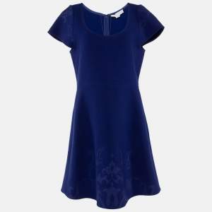Stella McCartney Navy Blue Floral Wool Jacquard Knit Skater Mini Dress L