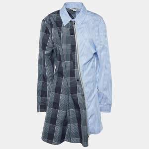 Pre Owned Stella McCartney Blue Plaid & Striped Mixed-Print  Asymmetric-Zip Oxford Flippy Dress L