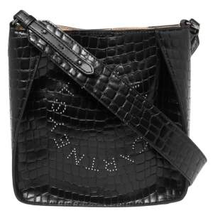 Pre Owned Stella McCartney Black Crocodile Embossed Faux Leather Logo Shoulder Bag 