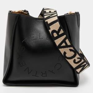 Stella McCartney Black Faux Leather Perforated Logo Shoulder Bag