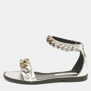 Stella McCartney Silver Faux Leather Falabella Flat Sandals Size 38
