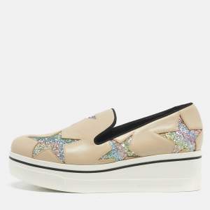 Pre Owned Stella McCartney Beige Faux Leather and Glitter Binx Star Platform Slip On Sneakers Size 39