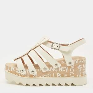مملوكة مسبقًا Stella McCartney Elyse Size 38 White Leather Ed Curtis Edition Wedge Ankle Strap Sandals