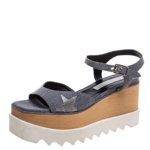 Stella McCartney Grey Denim Elyse Platform Ankle Strap Sandals Size 37