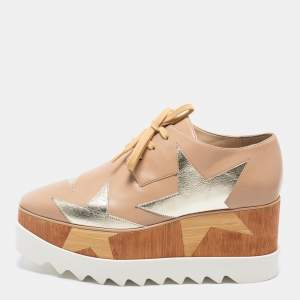 Stella McCartney Beige Faux Leather And Wood Elyse 80MM Platform Sneakers Size 39